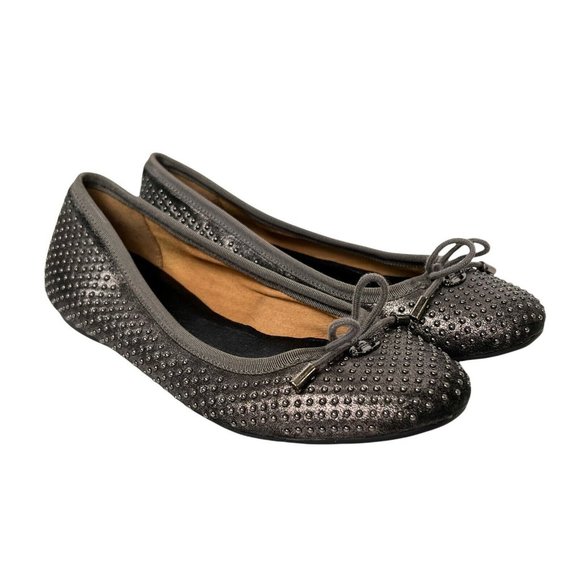 Coach Lara Studded Gray Leather Metallic Slip On Comfort Lace Ballet Flats 6 B - Picture 2 of 10